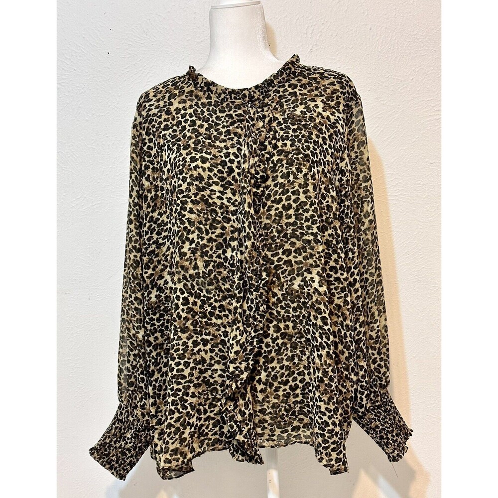 Tahari Woman Size 3X Animal Print Button Up Top Ruffle Detail Boho Office